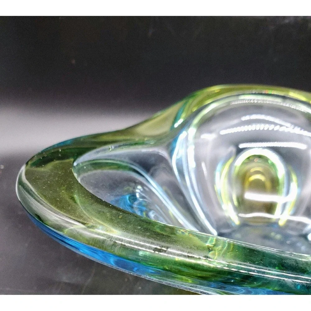 Vintage Walther Art Glass Decorative Bowl Triangle Green Blue 9